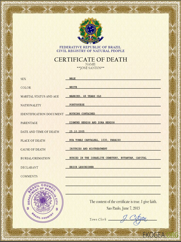 Modèle PSD de certificat de décès du Brésil